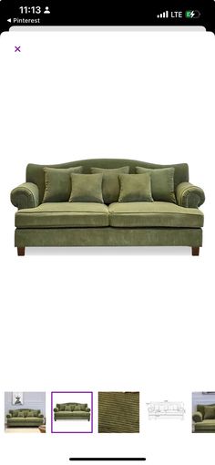 an image of a green couch with pillows on it and the text's description below