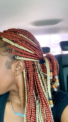 Mixed coloured blonde and red braids with beads at the ends Ginger Mixed Braids, Ginger And Black Braids Mixed, Red And Blonde Braids Mixed, Blond And Red Braids, Ginger And Blonde Braids Combo, Blonde And Red Box Braids, Ginger Red Braids, Blonde And Red Braids, Red Braids With Beads