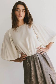 Puff sleeves top in cream Trendy Crop Tops, Smock Blouse, Making Space, Dolman Top, Pleated Blouse, Elegant Blouses, Tie Blouse, Woven Top, Casual Tee