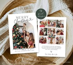 two christmas cards sitting on top of a wooden bowl