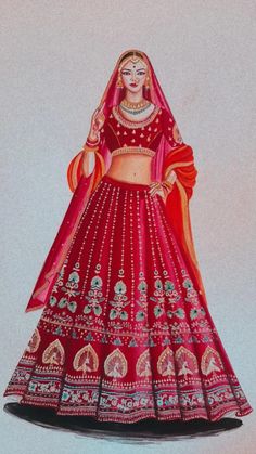 Lehenga Painting Designs, Indian Bridal Drawing, Rajasthani Dress Drawing, Bride Fashion Illustration Weddings, Bridal Illustration Indian, Bride Art Drawing, Bride Illustration Drawing, Indian Bridal Illustration, Indian Bride Sketch