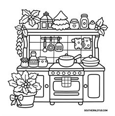 a kitchen with christmas decorations and cooking utensils on the stove top, in black and white