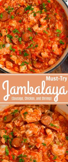 shrimp, sausage and shrimp stew in a skillet with the words must try jambaalaya