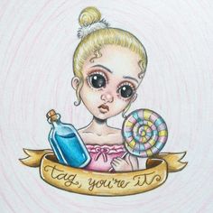 a drawing of a girl holding a lollipop and a candy bar with the words i'm your baby on it