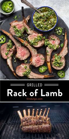 grilled rack of lamb with pesto sauce and green peppers on the grill top