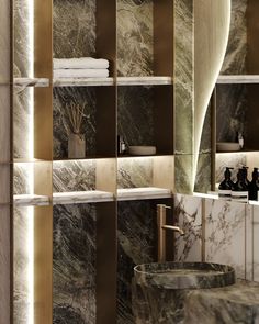 a bathroom with marble walls and gold trim