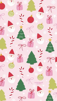 a pink background with christmas trees and santas