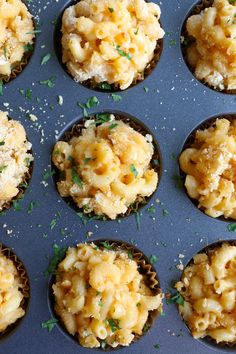 several cupcakes with macaroni and cheese in them