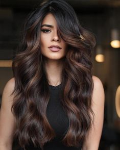 Black Hair with Dimensional Chocolate Balayage Biolage Hair Brown, Dark Hair With Chocolate Highlights, Brunette Long Haircut, Dark Chocolate Hair, Dark Chocolate Brown Hair, Brown Hair Color Shades, Natural Brown Hair, Cinnamon Hair