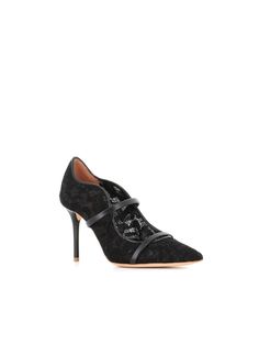 Black leather and lace Décolleté from Malone Souliers, featuring a pointed toe and an elegant wave design and a two typical bands. Leather sole. Lined interior. Padded leather insole. Heel: 8,5 cmComposition: Pizzo Lace Heels With Pointed Toe For Formal Occasions, Formal Lace Heels With Pointed Toe, Elegant Lace-up Heels With Heel Strap, Elegant Lace-up Heels For Office, Fitted Lace-up Elegant Heels, Elegant Lace-up Heels In Lace Material, Elegant Lace-up Court Shoes For Spring, Elegant Lace-up Court Shoes For Formal Occasions, Elegant Lace Heels With Pointed Toe