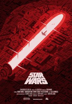 the poster for star wars, which features an image of a spaceship in red and white