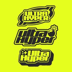 three stickers that say ultra hyper, ultra hyper and ultra hyper on yellow background