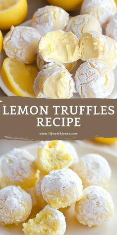 lemon truffles with powdered sugar on top and the words, lemon truffles recipe