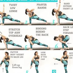 a woman doing yoga poses with instructions on how to do the splits and back bend