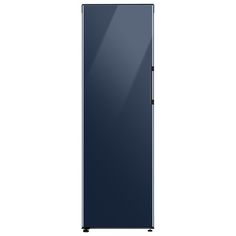 a tall blue refrigerator freezer sitting on top of a white wall