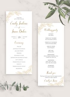 two wedding programs with greenery on the front and back, sitting next to each other