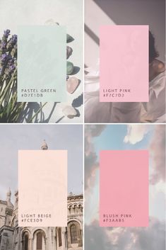 four different color swatches with flowers and clouds in the background, including light pink