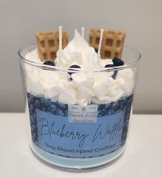 blueberry waffles in a glass bowl with marshmallows on top