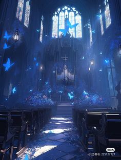 a church filled with lots of blue flowers and butterflies flying over the pews in front of it