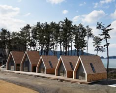 a row of houses sitting on top of a sandy beach next to the ocean with trees in the background