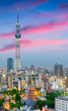 the tokyo tower is lit up at dusk in this cityscape photo taken from above