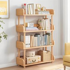 a bookshelf filled with lots of books next to a yellow chair