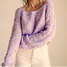 Free People Knit Sweater Cozy Up For The Cold Weather In The Sunset Cloud Sweater From Free People. This Chunky Knit Cropped Sweater Has Long Sleeves, A Round Neckline, And A Slouchy Fit. Knit Fabric Round Neckline Long Sleeves Cropped Length Slouchy Fit 78% Acrylic, 22% Polyester Approximately 20” Pit To Pit 16” Length Color Is Purple/ Violet Glow Purple Knit Top For Spring, Chunky Knit Acrylic Tops For Spring, Cozy Open Knit Cropped Sweater For Spring, Purple Chunky Knit Sweater For Spring, Spring Purple Textured Knit Sweater, Spring Acrylic Sweater With Pointelle Knit, Spring Cozy Fit Textured Knit Sweater, Cozy Fit Textured Knit Sweater For Spring, Oversized Cream Sweater