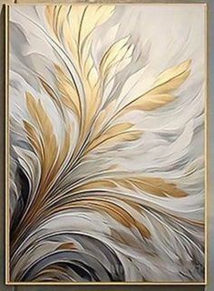 an abstract painting with gold and white leaves on the bottom, against a gray background