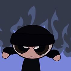 an animated image of a cartoon character in black clothing with flames behind him and his eyes closed