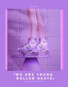 there is a poster with roller skates on the top of a purple object in front of a tiled wall