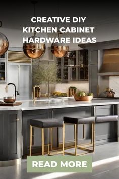 Elegant kitchen with brass accents and black cabinetry promoting DIY cabinet hardware ideas. Unique Knobs, Wood Filler