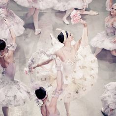 several ballerinas in white tutus and pink dresses are dancing with each other