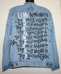 Rare! Los Angeles Arzee Love Thy Neighbor, stop hate embroidered jacket Arzee 4 The People Top Shoulder to Shoulder: 18.5" Pit to Pit: 23" Sleeve Length (Top Seam): 26" Width Across Waist: 21" Length Down Back: 26.5" Patched Jean Jacket, Custom Jacket Paint, Men Denim Jacket, Customized Denim Jacket, Upcycle Jean Jacket, Jean Upcycle, Diy Clothes Projects, Jean Jacket Patches, Customised Denim Jacket