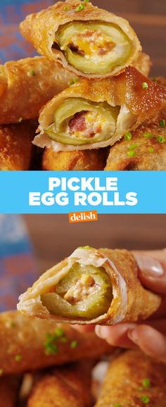 a person holding some food in their hand and the words pickle egg rolls above it