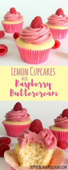 lemon cupcakes with raspberry buttercream frosting and fresh raspberries on top