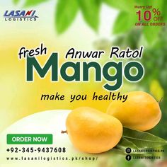 an advertisement for fresh mango juice on the side of a table with two mangos