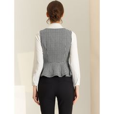 This elegant vest suit for women is embellished with a single button front and comes with a vintage houndstooth pattern. The comfortable and stretchy fabric makes it easy to pair with casual blouses or solid dresses to build an urban chic lady outfit. The peplum button-down vest tank coat features an elegant square neck, ruffled a-line hem, and faux decor pockets, and can be matched with the tops you favor to show your charming personality. The versatile and timeless design with details collocat Peplum Top Outfits Dressy, Dressy Vest, Peplum Top Outfits, Elegant Vest, Ruffle Fabric, Peplum Hem, Midi Skirt Pencil, Houndstooth Pattern, Urban Chic