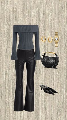 a woman wearing black leather pants and a gray off the shoulder top with gold accessories