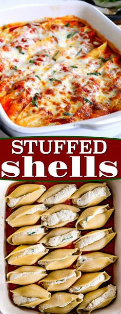 stuffed shells in a casserole dish with text overlay that reads stuffed shells