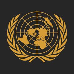 the united nations logo on a black background with gold foil and an orange circle around it