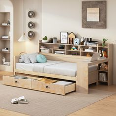 a bedroom with a bed, bookshelf and drawers