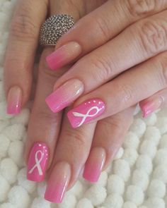 Pink Out Nail Ideas, Pink Ribbon Nails Designs, Nails With Ribbon Design, Pink Ribbon Nails October, Pink Breast Awareness Nails Design, Nails With Text, Mani Designs, Pink Ribbon Nails, Ribbon Nails