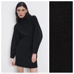 Nwt. Zara Black Knit Mini Dress With Gathered Waist, Long Sleeves High Neckline, Elastic Waistband And A Flared Hem, Back Zipper Closure. Size L. Ref. 6254/004. Pit To Pit 20" Flat, Sleeves From Neckline 28,5", Waist 12,5", Length 36". F Stretch Mini Sweater Dress For Work, Black Midi Dress For Workwear In Winter, Black Stretch Sweater Dress For Work, Black Knee-length Sweater Dress For Evening, Black Midi Dress For Winter Workwear, Black Midi Dress For Work In Winter, Black Mini Sweater Dress For Work, Elegant Black Sweater Dress For Work, Black Stretch Midi Sweater Dress