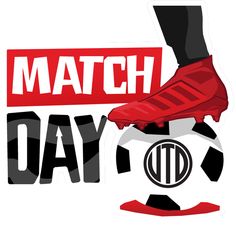 a soccer ball with the words match day written on it and a pair of feet kicking a soccer ball