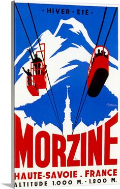 an old poster advertising a ski lift ride in the mountains, with two people on it