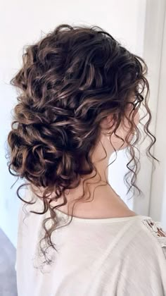 Textured updo/ Curly Hair styles Low Bun With Curls Wedding Hair, Curly Bun Bridesmaid, Updos On Curly Hair, Curly Brown Wedding Hair, Wedding Curly Bun Hairstyles, Elegant Curly Wedding Hair, Bridal Style For Curly Hair, Low Updo Wedding Hair Curly