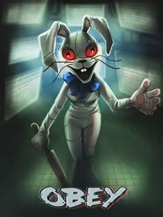 an animated rabbit with red eyes holding a skateboard in his hand and the words obey written below it