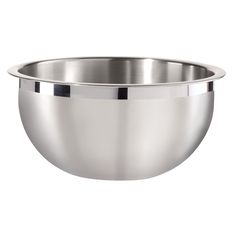 a stainless steel bowl is shown on a white background, with the bottom half empty