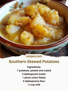 the recipe for southern stew potatoes is in a bowl with seasoning on top and an empty plate next to it