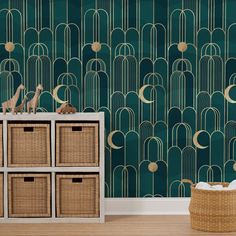 an art deco style wallpaper with green and gold designs on the walls, along with wicker baskets